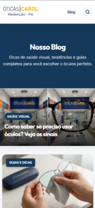 Hover Versão Mobile do Site Óticas Carol Redenção - PA