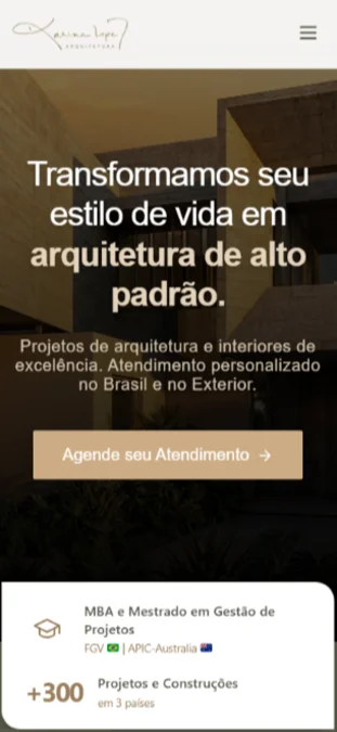 Hover Versão Mobile do Site Arquiteta KL: Arquitetura de Alto Padrão